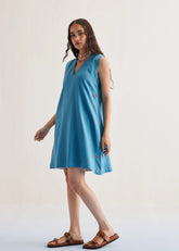 A Model Wearing Blue Organic Cotton Marine Summer Cotton Blue Dress , curated by Only Ethikal
